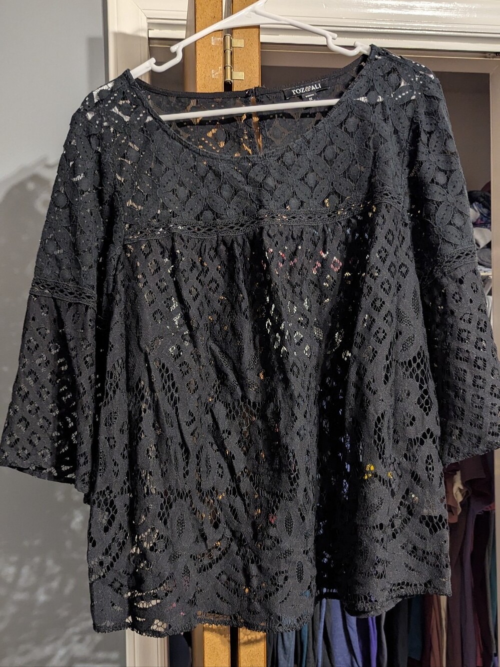 Roz & Ali Black Lace Peasant Top Size 1X